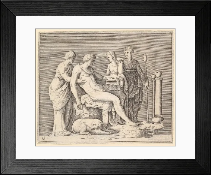 Framed Print : Man Attended by Three Women, published ca. 1599-1622. Creator: Unknown Framed Print : Man Attended by Three Women, published ca. 1599-1622. Creator: Unknown