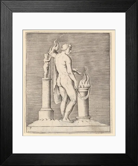 Framed Print : Man with Torch between Flaming Altar and Statuette, published ca. 1599-1622 Framed Print : Man with Torch between Flaming Altar and Statuette, published ca. 1599-1622