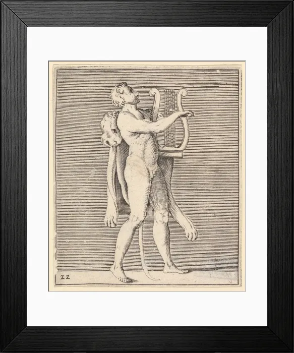 Framed Print : Hercules playing a lyre, a lionskin draped over his shoulder, published ca. 1599-1622 Framed Print : Hercules playing a lyre, a lionskin draped over his shoulder, published ca. 1599-1622