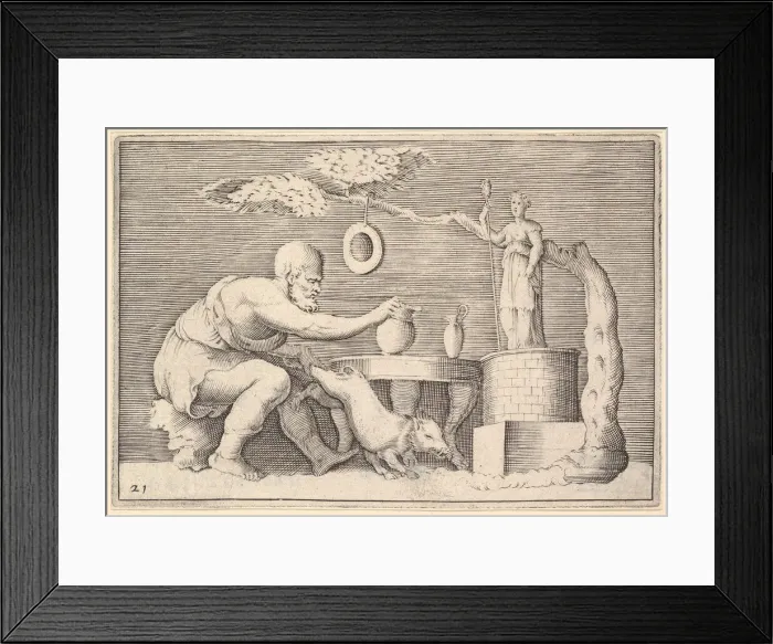Framed Print : A Faun or Satyr Preparing a Pig for Sacrifice, published ca. 1599-1622. Creator: Unknown Framed Print : A Faun or Satyr Preparing a Pig for Sacrifice, published ca. 1599-1622. Creator: Unknown