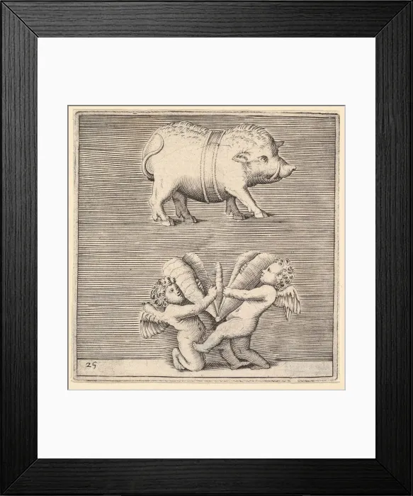 Framed Print : A Belted Pig and Two Cupids (or Geniuses) with a Butterfly (or Moth), published ca Framed Print : A Belted Pig and Two Cupids (or Geniuses) with a Butterfly (or Moth), published ca