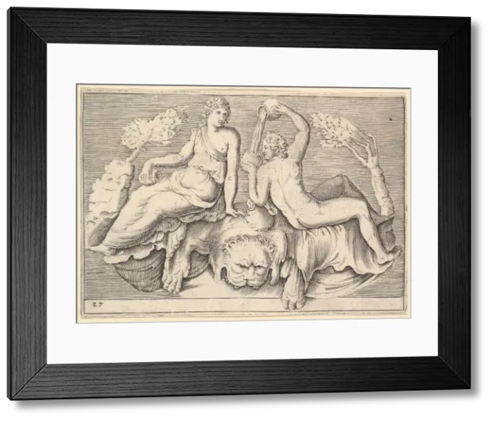 Framed Print : Woman and Man Seated on Lionskin, Man Pouring Wine, published ca. 1599-1622 Framed Print : Woman and Man Seated on Lionskin, Man Pouring Wine, published ca. 1599-1622