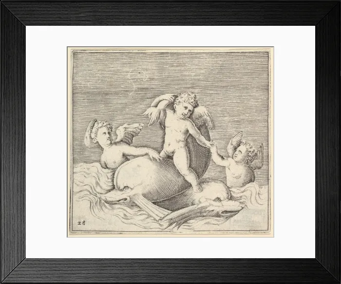 Framed Print : Three Cupids and Two Dolphins, published ca. 1599-1622. Creator: Unknown Framed Print : Three Cupids and Two Dolphins, published ca. 1599-1622. Creator: Unknown