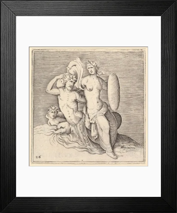 Framed Print : Woman with Shield Seated on Seamonster, published ca. 1599-1622. Creator: Unknown Framed Print : Woman with Shield Seated on Seamonster, published ca. 1599-1622. Creator: Unknown