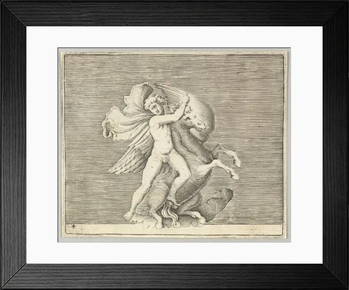 Framed Print : Man Grappling with Winged Horse, published ca. 1599-1622. Creator: Unknown Framed Print : Man Grappling with Winged Horse, published ca. 1599-1622. Creator: Unknown