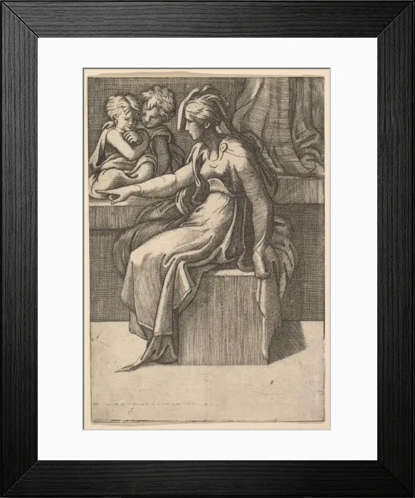 Framed Print : Seated Woman with two Children, 16th century. Creator: Unknown Framed Print : Seated Woman with two Children, 16th century. Creator: Unknown