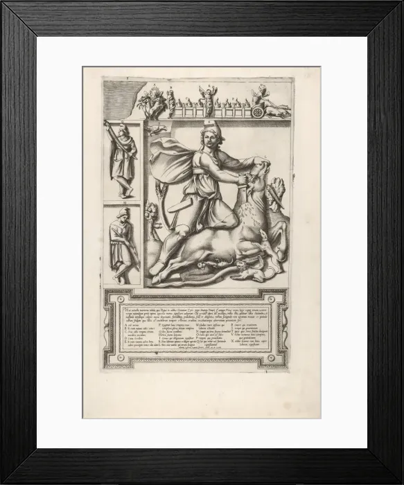 Framed Print : Relief with Mithras kneeling upon a bull and driving a sword into its shoulder Framed Print : Relief with Mithras kneeling upon a bull and driving a sword into its shoulder