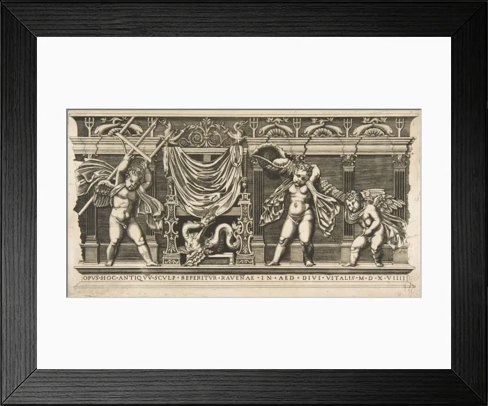 Framed Print : Three cupids in front of a facade with pilasters, one holding a trident and anoth... ca Framed Print : Three cupids in front of a facade with pilasters, one holding a trident and anoth... ca