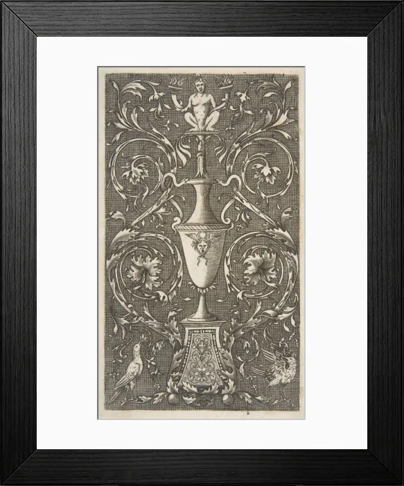 Framed Print : Grotesque with a vase, birds and acanthus scrolls, ca. 1515-1600. Creator: Unknown Framed Print : Grotesque with a vase, birds and acanthus scrolls, ca. 1515-1600. Creator: Unknown