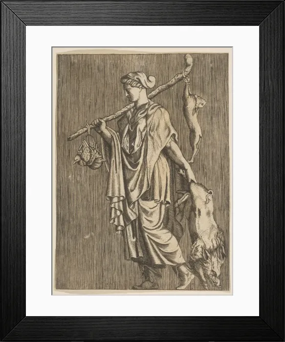 Framed Print : Woman returning from a hunt carrying a boar in her left hand and a stick on her r... ca Framed Print : Woman returning from a hunt carrying a boar in her left hand and a stick on her r... ca