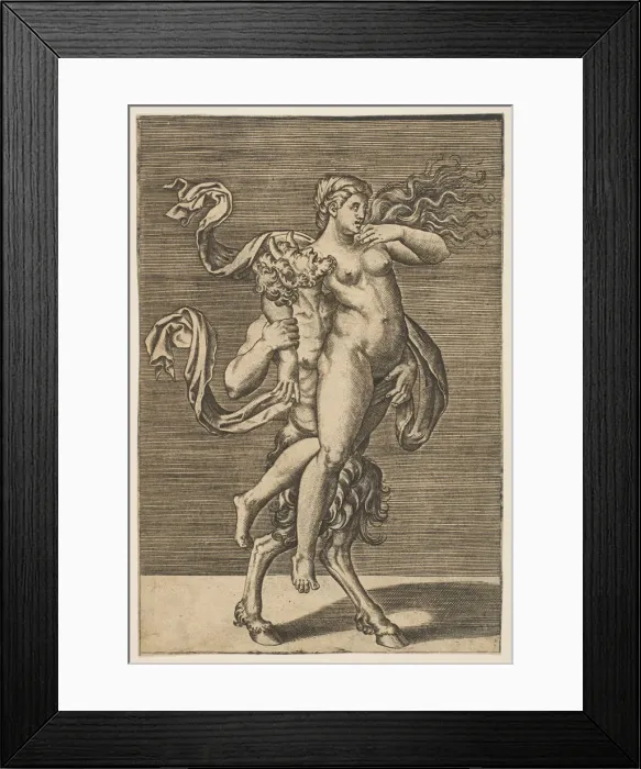 Framed Print : Satyr carrying a nymph restraining her right arm, ca. 1515-1600. Creator: Unknown Framed Print : Satyr carrying a nymph restraining her right arm, ca. 1515-1600. Creator: Unknown