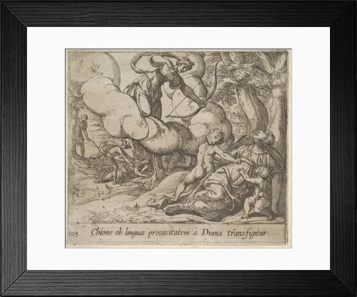 Framed Print : Plate 105: Diana aiming her bow toward Chione, who is accompanied by two children Framed Print : Plate 105: Diana aiming her bow toward Chione, who is accompanied by two children
