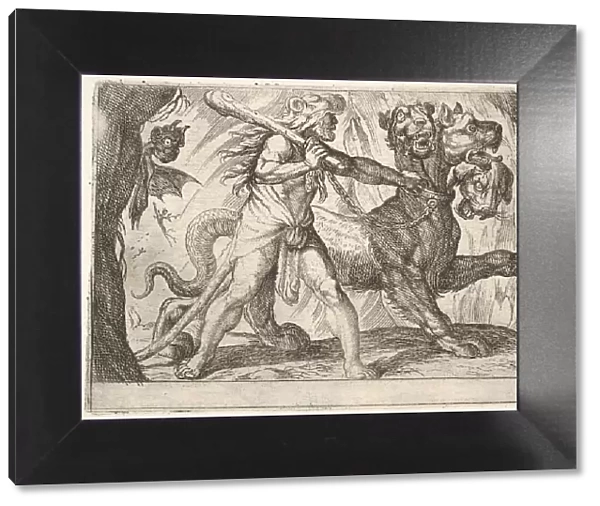 Hercules and Cerberus: Hercules grasps the collar of Cerberus, two demons appear at left