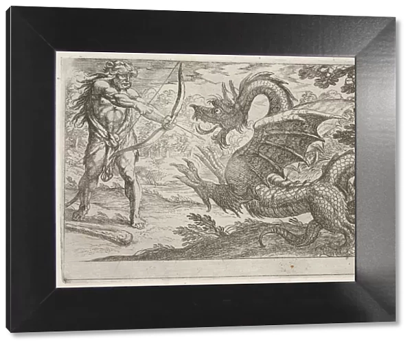 Hercules and the Serpent Ladon: Hercules draws his bow, the rearing serpent appears in