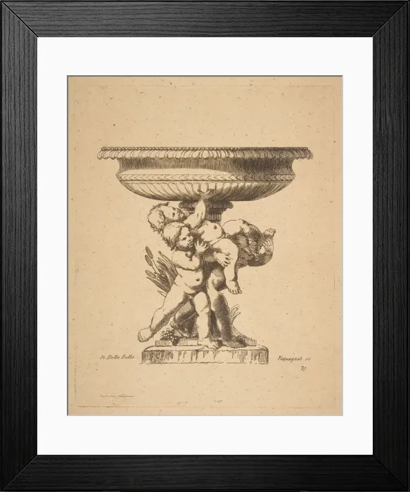 Framed Print : Ornamental design of three children holding up a fountain, 19th century Framed Print : Ornamental design of three children holding up a fountain, 19th century