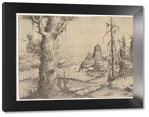 River Landscape with Large Tree at Left, 1546. Creator: Augustin Hirschvogel