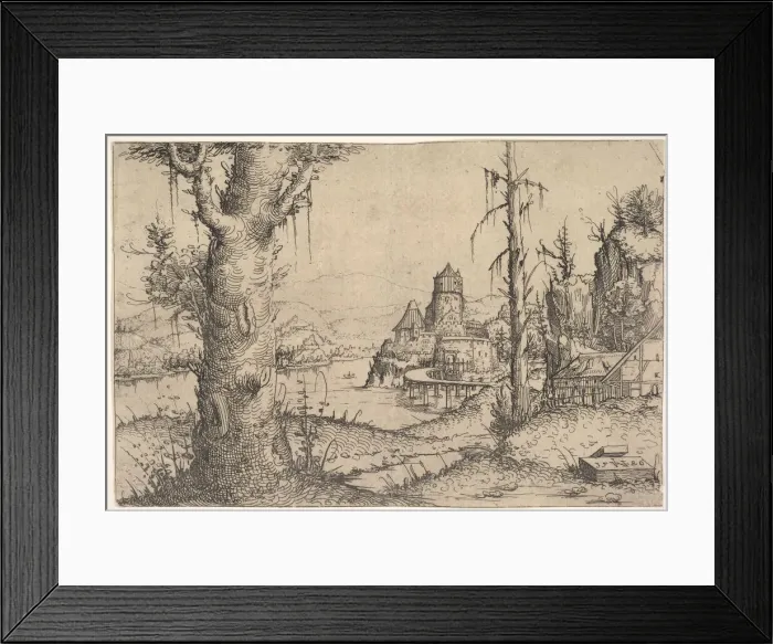 Framed Print : River Landscape with Large Tree at Left, 1546. Creator: Augustin Hirschvogel Framed Print : River Landscape with Large Tree at Left, 1546. Creator: Augustin Hirschvogel