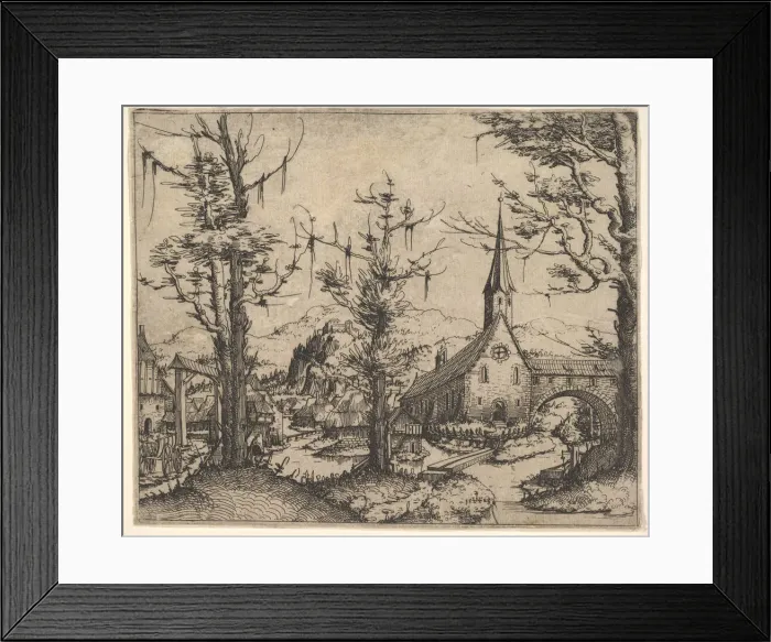 Framed Print : Landscape with Four Trees and a Church at Right, 1545 (?). Creator: Augustin Hirschvogel Framed Print : Landscape with Four Trees and a Church at Right, 1545 (?). Creator: Augustin Hirschvogel