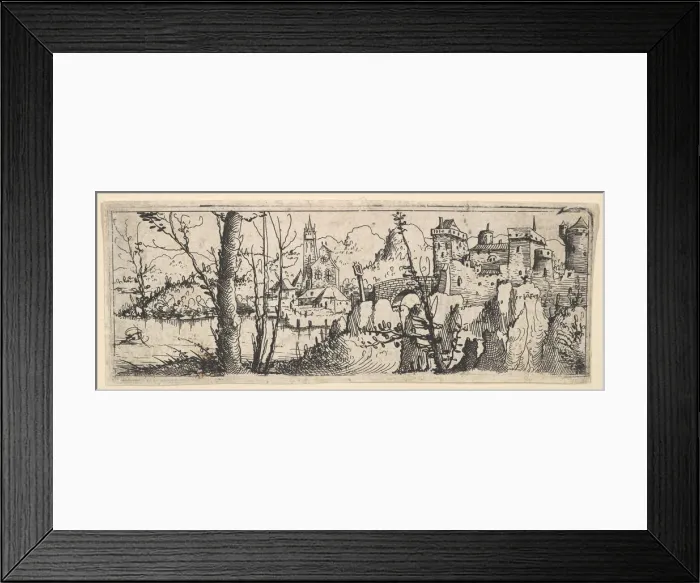 Framed Print : Landscape with Fort and a Church on a River, 1545. Creator: Augustin Hirschvogel Framed Print : Landscape with Fort and a Church on a River, 1545. Creator: Augustin Hirschvogel