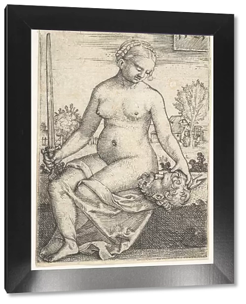 Judith, seated nude with a sword in her right hand, gazing down at the head of Holofernes