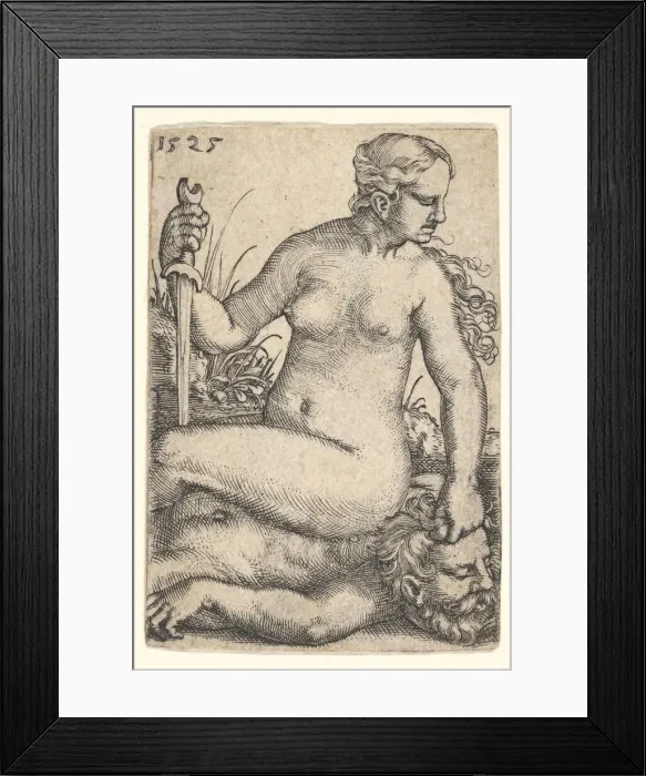 Framed Print : Judith, looking towards the right, seated nude atop the dead body of Holofernes Framed Print : Judith, looking towards the right, seated nude atop the dead body of Holofernes