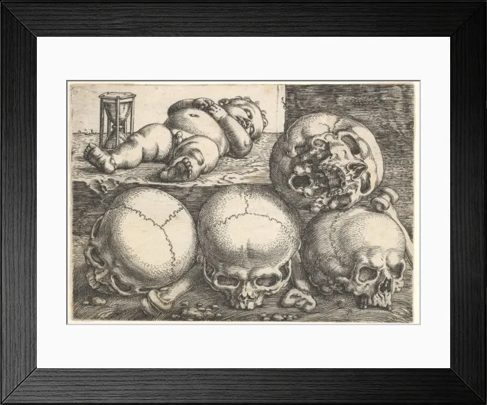 Framed Print : Dead Child with Four Skulls, mid-16th century. Creator: Barthel Beham Framed Print : Dead Child with Four Skulls, mid-16th century. Creator: Barthel Beham