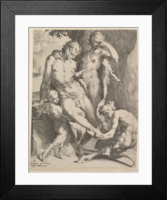 Framed Print : Oreads Removing a Thorn from a Satyrs Foot, 1590. Creators: Bartholomeus Spranger Framed Print : Oreads Removing a Thorn from a Satyrs Foot, 1590. Creators: Bartholomeus Spranger