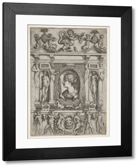 Framed Print : Bust of a woman in profile facing left, set in an elaborate frame with figures in n Framed Print : Bust of a woman in profile facing left, set in an elaborate frame with figures in n