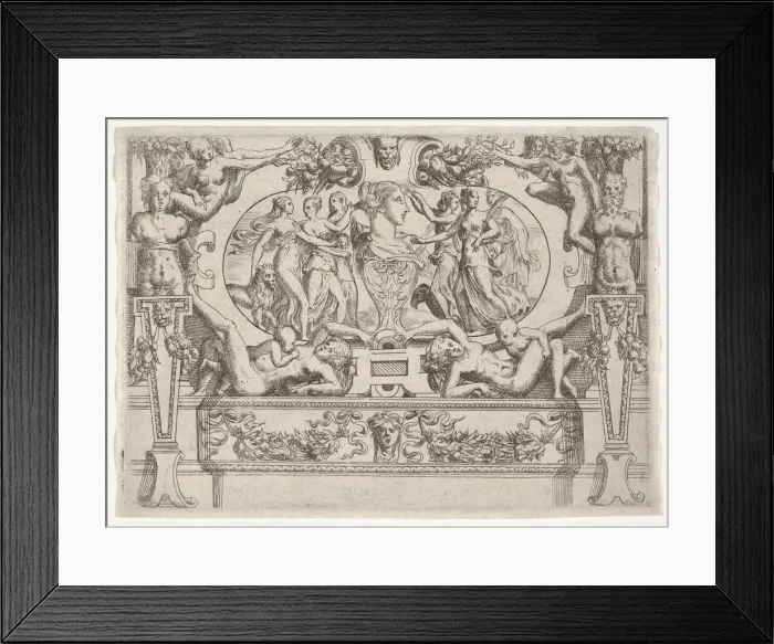 Framed Print : Bust of a woman flanked by three women on each side, set within an elaborate frame, ca Framed Print : Bust of a woman flanked by three women on each side, set within an elaborate frame, ca