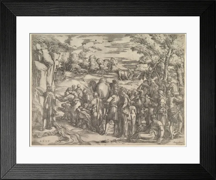 Framed Print : Moses Drawing Water from the Rock, at left with water flowing, various figures Framed Print : Moses Drawing Water from the Rock, at left with water flowing, various figures