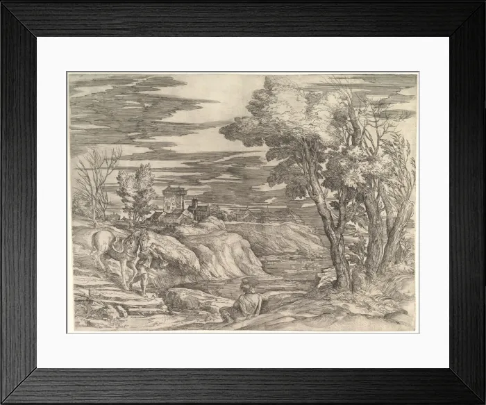 Framed Print : Landscape with a Horseman and His Groom, ca. 1552-61. Creator: Battista Franco Veneziano Framed Print : Landscape with a Horseman and His Groom, ca. 1552-61. Creator: Battista Franco Veneziano