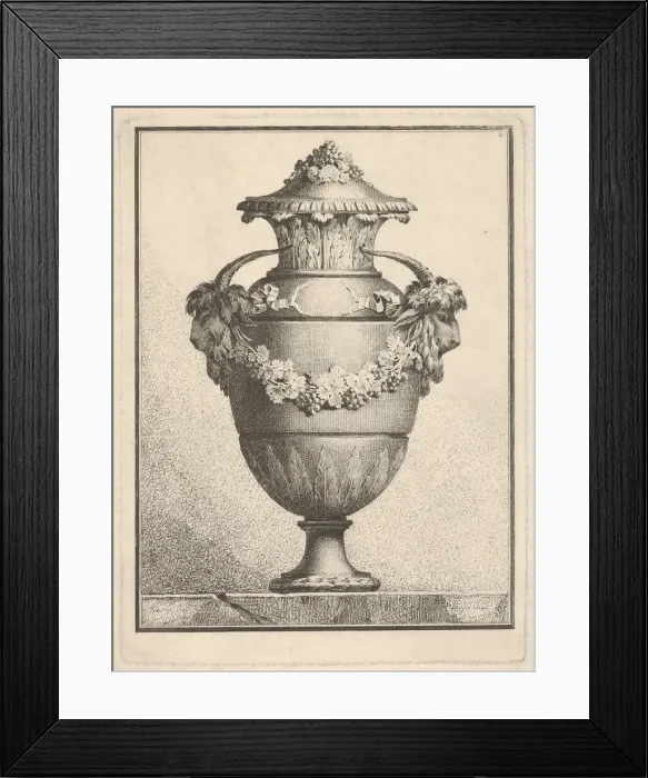 Framed Print : Design for a covered vase with two goat heads and a garland, 1764. Creator: Bossi Framed Print : Design for a covered vase with two goat heads and a garland, 1764. Creator: Bossi