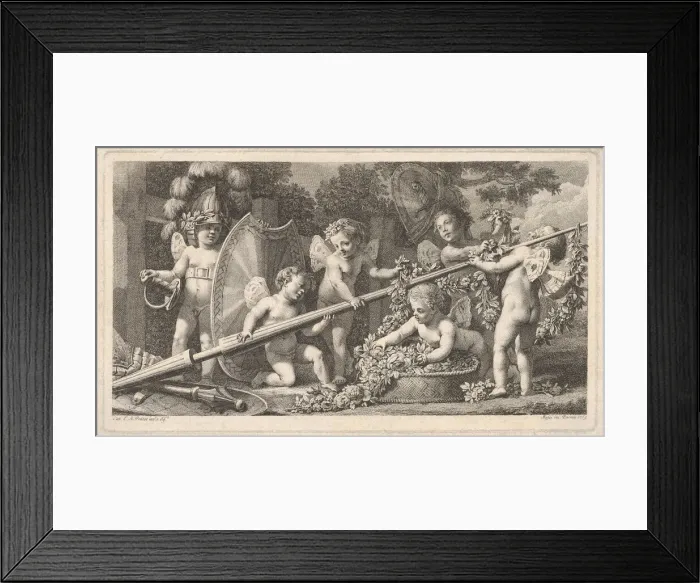 Framed Print : Six putti playing with the arms of Mars, four holding onto a large lance Framed Print : Six putti playing with the arms of Mars, four holding onto a large lance