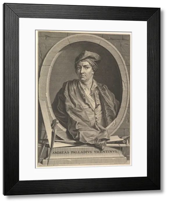 Framed Print : Portrait of Andrea Palladio in half-length within an oval frame; a compass Framed Print : Portrait of Andrea Palladio in half-length within an oval frame; a compass