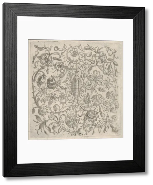 Framed Print : Square Panel with Vegetal Scrollwork, Flowers and Fruits, 1581. Creator: Bernhard Zan