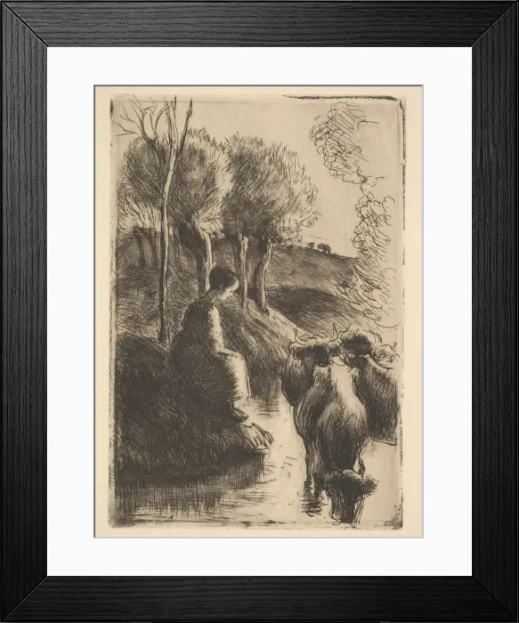 Framed Print : Cowherd, at Waters Edge, 1890. Creator: Camille Pissarro Framed Print : Cowherd, at Waters Edge, 1890. Creator: Camille Pissarro
