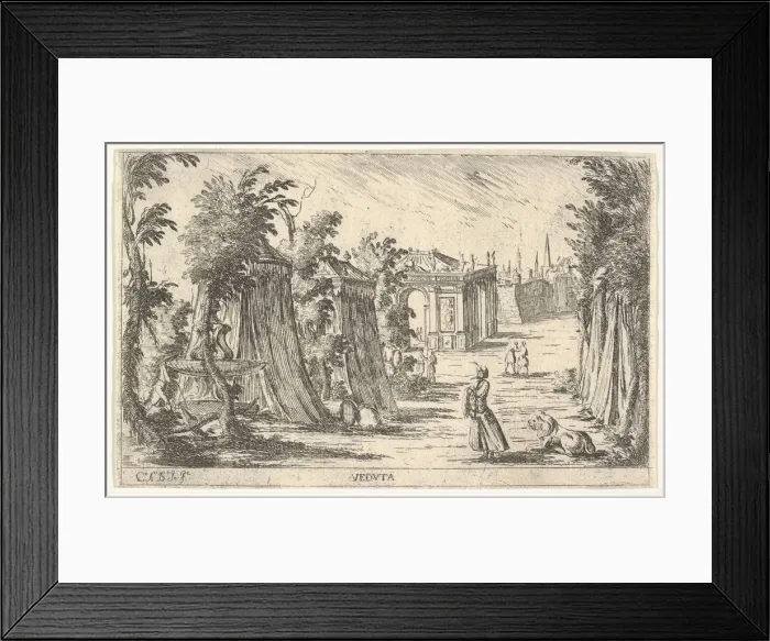 Framed Print : View with a man in a turban and a lion standing at right, tents and classical archite Framed Print : View with a man in a turban and a lion standing at right, tents and classical archite