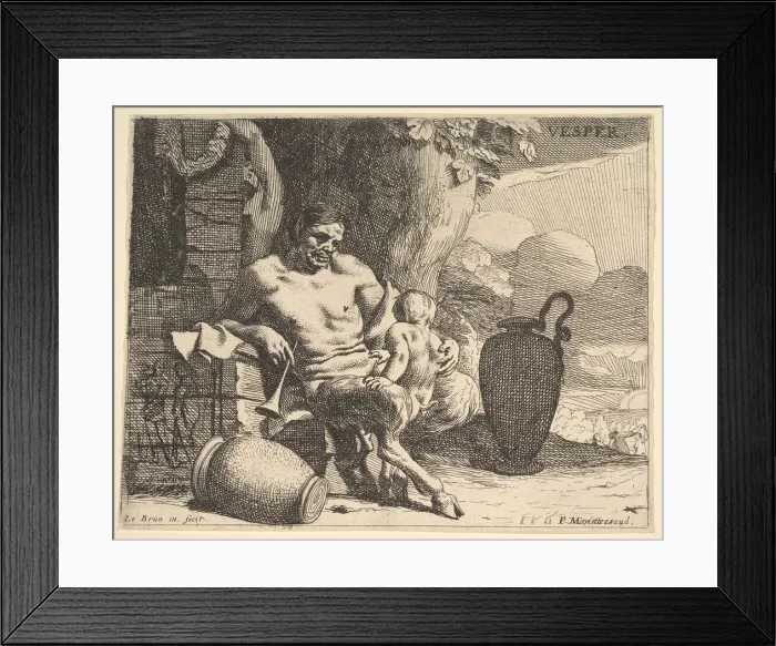 Framed Print : Evening: a seated satyr clasps his child, a figure hangs a garland on a pier beyond, f Framed Print : Evening: a seated satyr clasps his child, a figure hangs a garland on a pier beyond, f