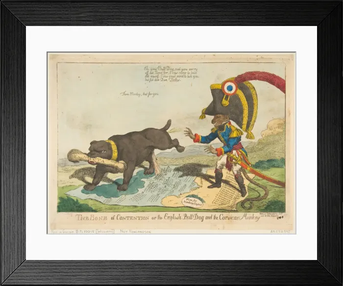 Framed Print : The Bone of Contention or the English Bull Dog and the Corsican Monkey, June 14, 1803 Framed Print : The Bone of Contention or the English Bull Dog and the Corsican Monkey, June 14, 1803