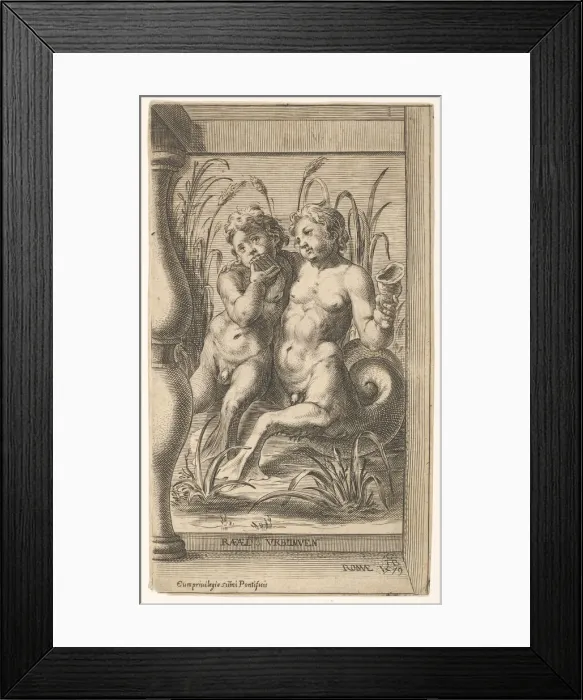 Framed Print : Two tritons embracing, one playing a panpipe, the second holding a conch shell set within Framed Print : Two tritons embracing, one playing a panpipe, the second holding a conch shell set within