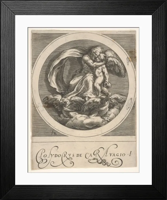 Framed Print : Jupiter, seated above two eagles and embracing Cupid, a round composition from a serie Framed Print : Jupiter, seated above two eagles and embracing Cupid, a round composition from a serie