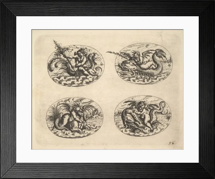 Framed Print : Four Ovals with Genii, plates from the Neue Grotessken Buch, 1610 Framed Print : Four Ovals with Genii, plates from the Neue Grotessken Buch, 1610