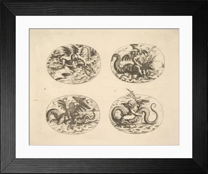 Framed Print : Putti with Sea Monsters, plates from the Neue Grotessken Buch, 1610 Framed Print : Putti with Sea Monsters, plates from the Neue Grotessken Buch, 1610