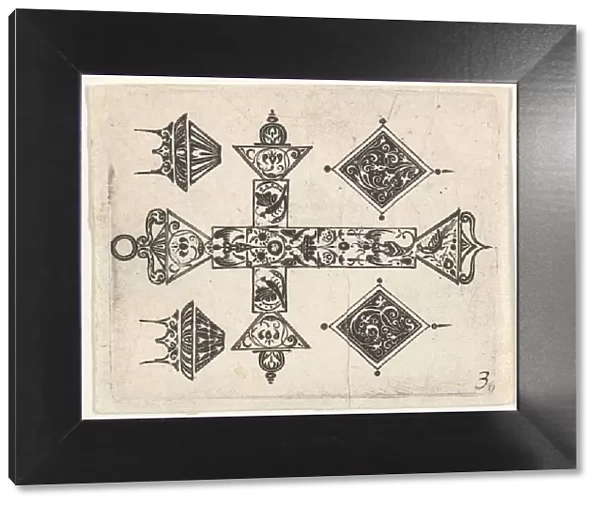 Blackwork Print with a Latin Cross and Four Motifs, ca. 1620