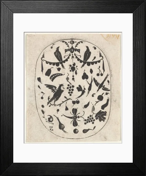 Framed Print : Oval Blackwork Print with Birds, Insects and Fruits, ca. 1620 Framed Print : Oval Blackwork Print with Birds, Insects and Fruits, ca. 1620