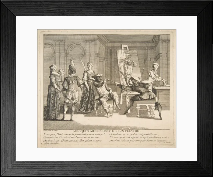 Framed Print : Arlequin Mecontent de Son Peintre. n. d. Creators: Claude Gillot, Jacques Gabriel Huquier Framed Print : Arlequin Mecontent de Son Peintre. n. d. Creators: Claude Gillot, Jacques Gabriel Huquier