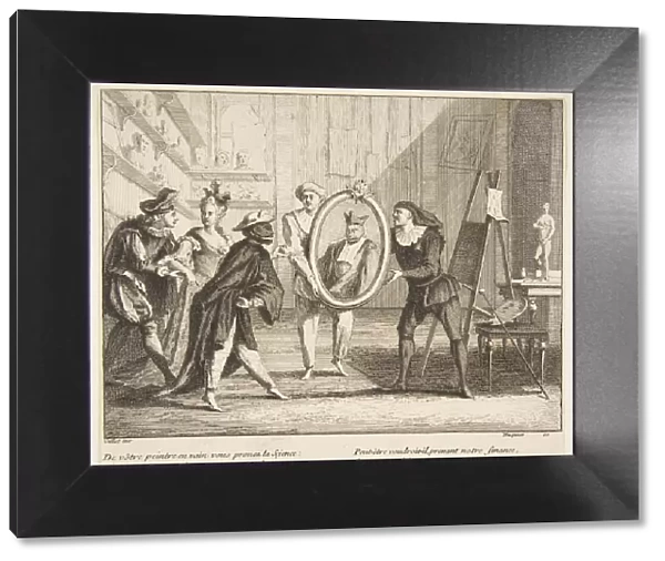 Pierrot and Scaramouche show the portrait of Harlequin. n. d