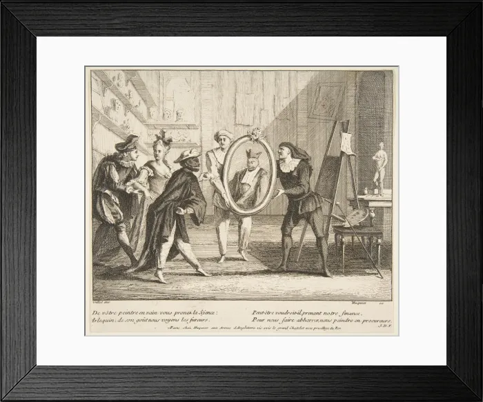 Framed Print : Pierrot and Scaramouche show the portrait of Harlequin. n. d Framed Print : Pierrot and Scaramouche show the portrait of Harlequin. n. d
