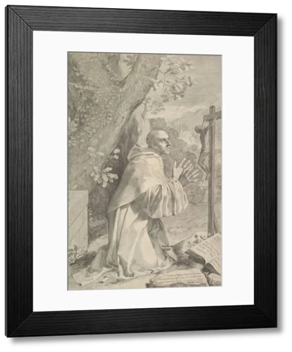 Framed Print : St. Bernard Kneeling Before a Crucifix, ca. 1655. Creator: Claude Mellan Framed Print : St. Bernard Kneeling Before a Crucifix, ca. 1655. Creator: Claude Mellan