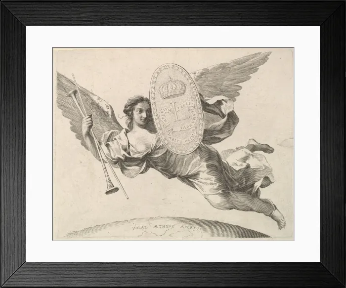 Framed Print : Fame Bearing a Shield with the Initial of Louis XIV (La Renommee volant) Framed Print : Fame Bearing a Shield with the Initial of Louis XIV (La Renommee volant)
